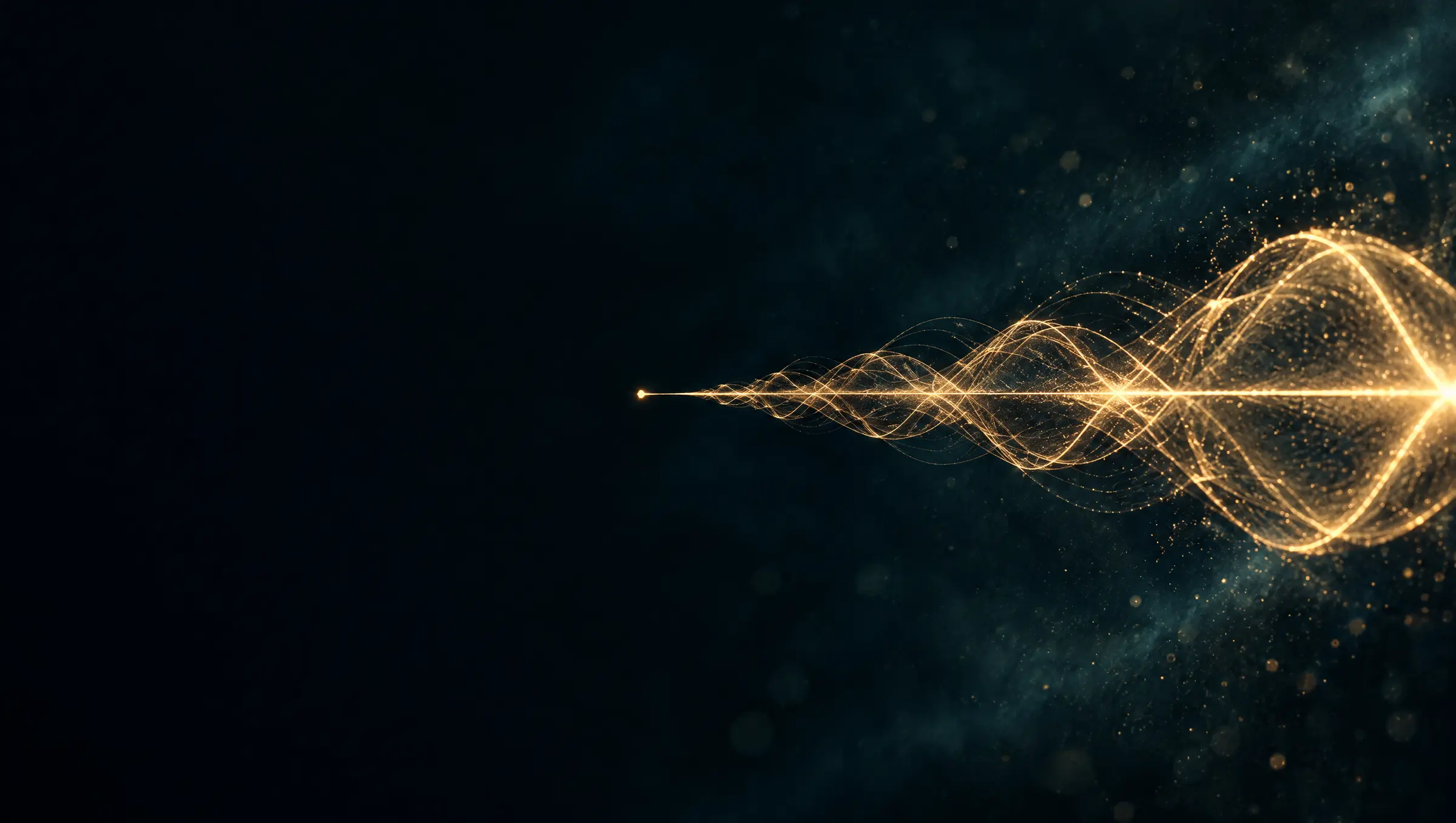 A fine thread of gold light swelling into wider, brighter waves across a dark field.